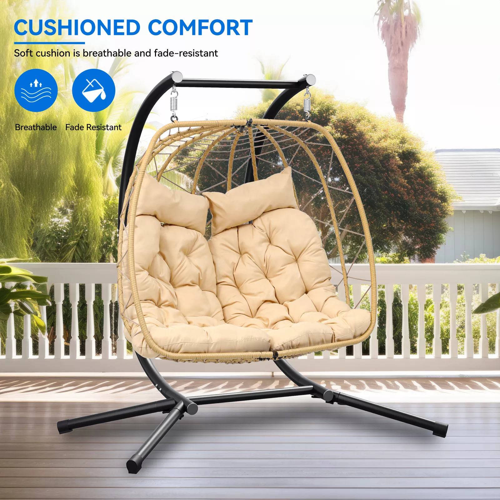Outdoor 2 Seater Hanging Patio Egg Chair With Stand - Image 3