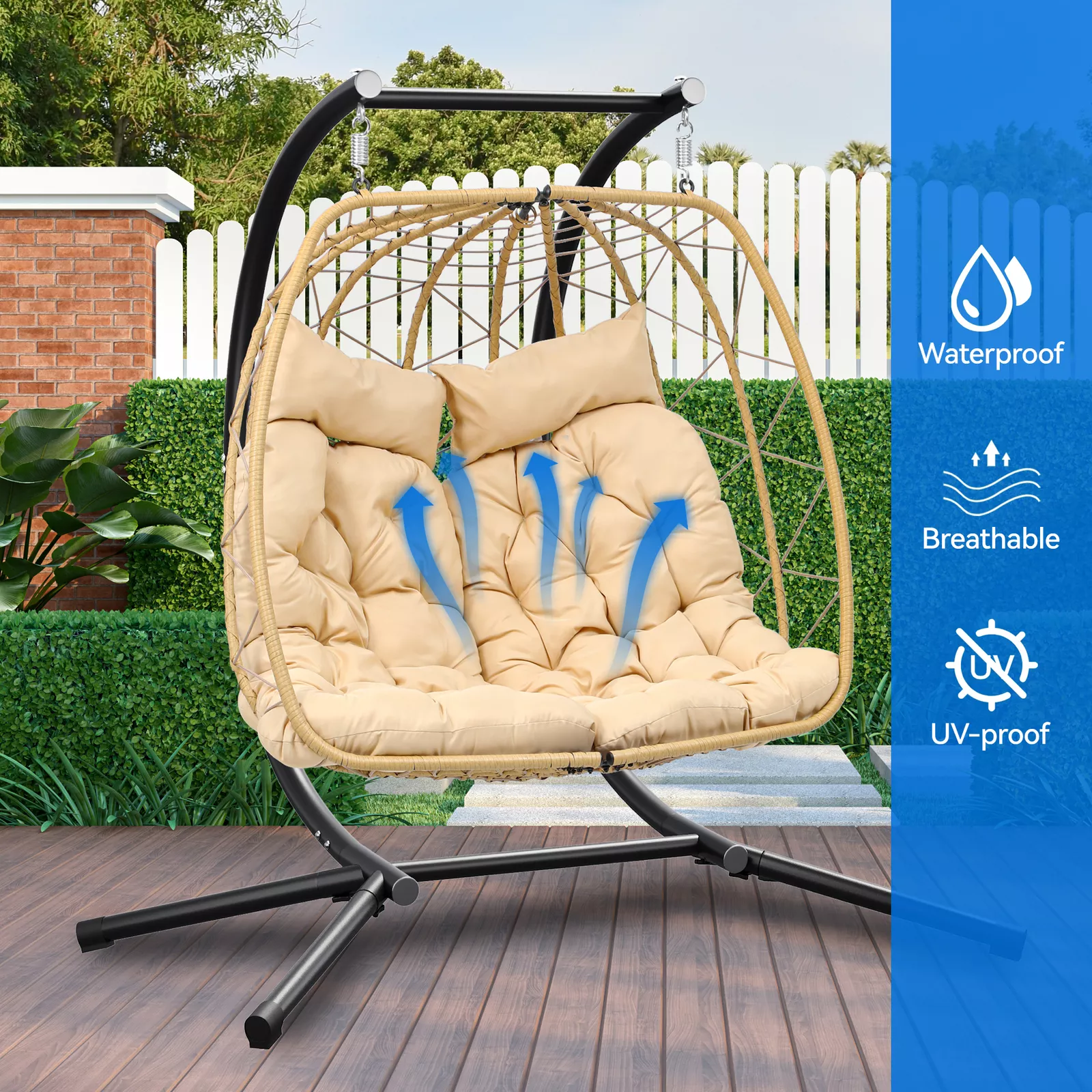 Outdoor 2 Seater Hanging Patio Egg Chair With Stand - Image 4