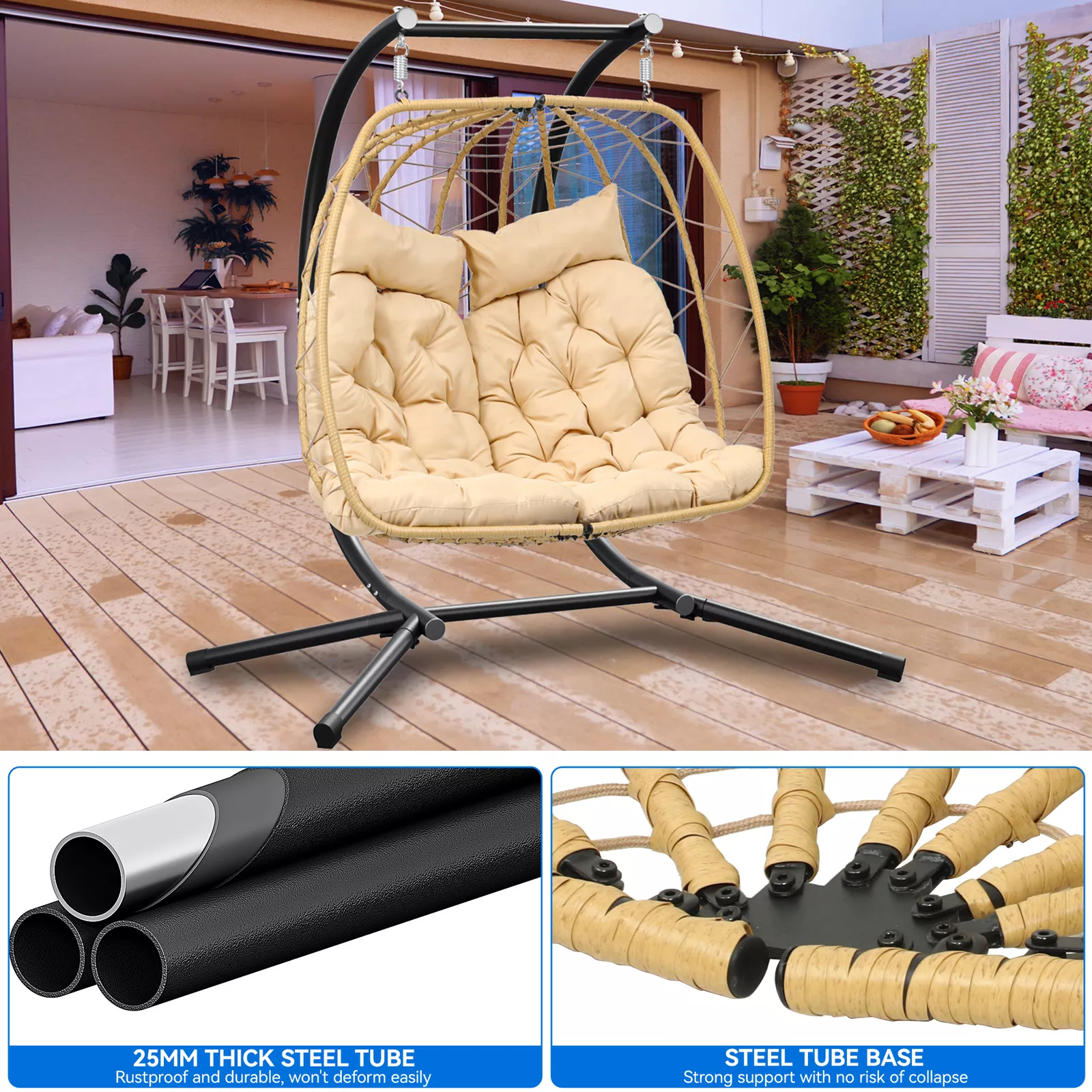 Outdoor 2 Seater Hanging Patio Egg Chair With Stand - Image 5