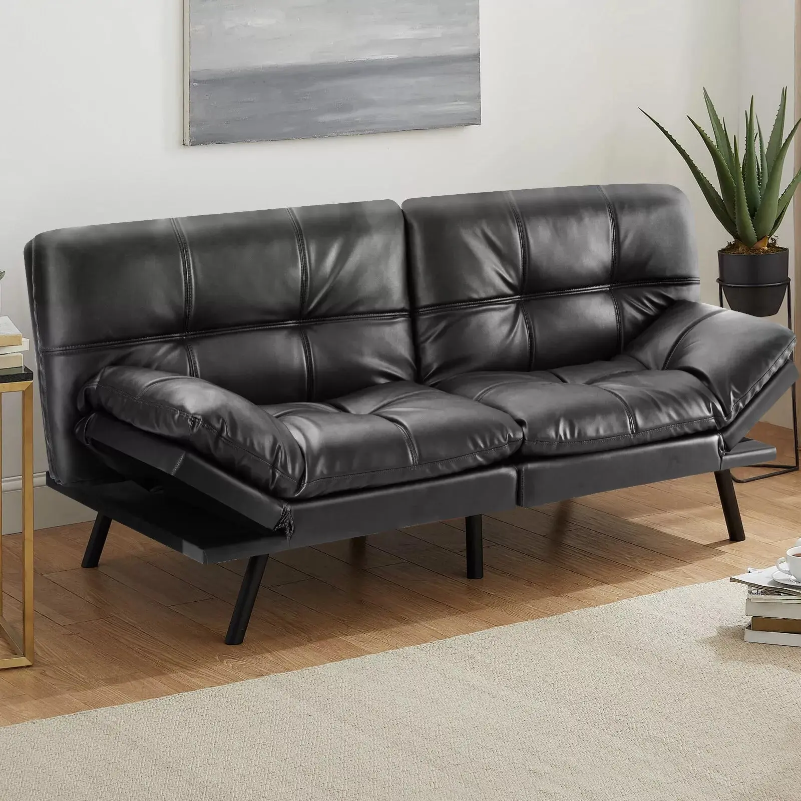 Vintage Leather Convertible Futon Sofa Bed - Image 7
